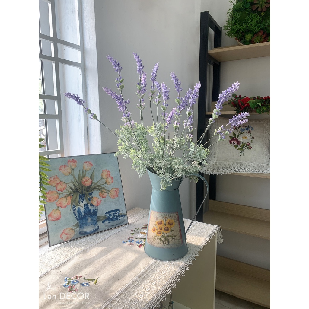 Hoa Lavender_Cành hoa giả Lavender 3 nhánh cao 50cm thân phủ phấn trắng giống thật loại 1, phù hợp trang trí nhà cửa