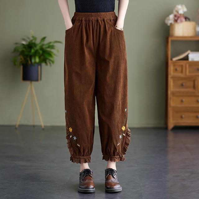 Quần Dài Đến Mắt Cá Chân Dáng Rộng Bằng Vải Nhung Phối Ren Thêu Họa Tiết Thời Trang Cho Nữ