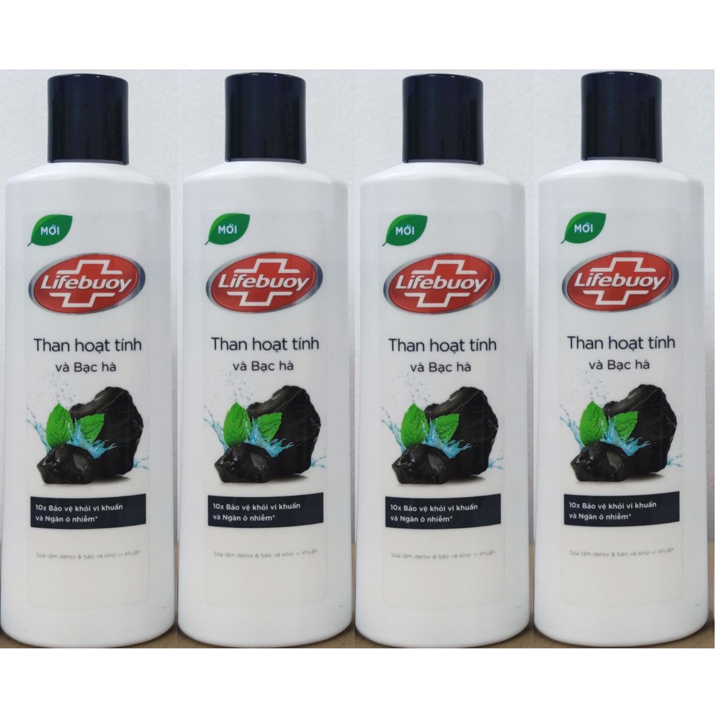 Combo 4 chai Sữa tắm detox bảo vệ khỏi vi khuẩn Lifebuoy than hoạt tính và bạc hà 250g