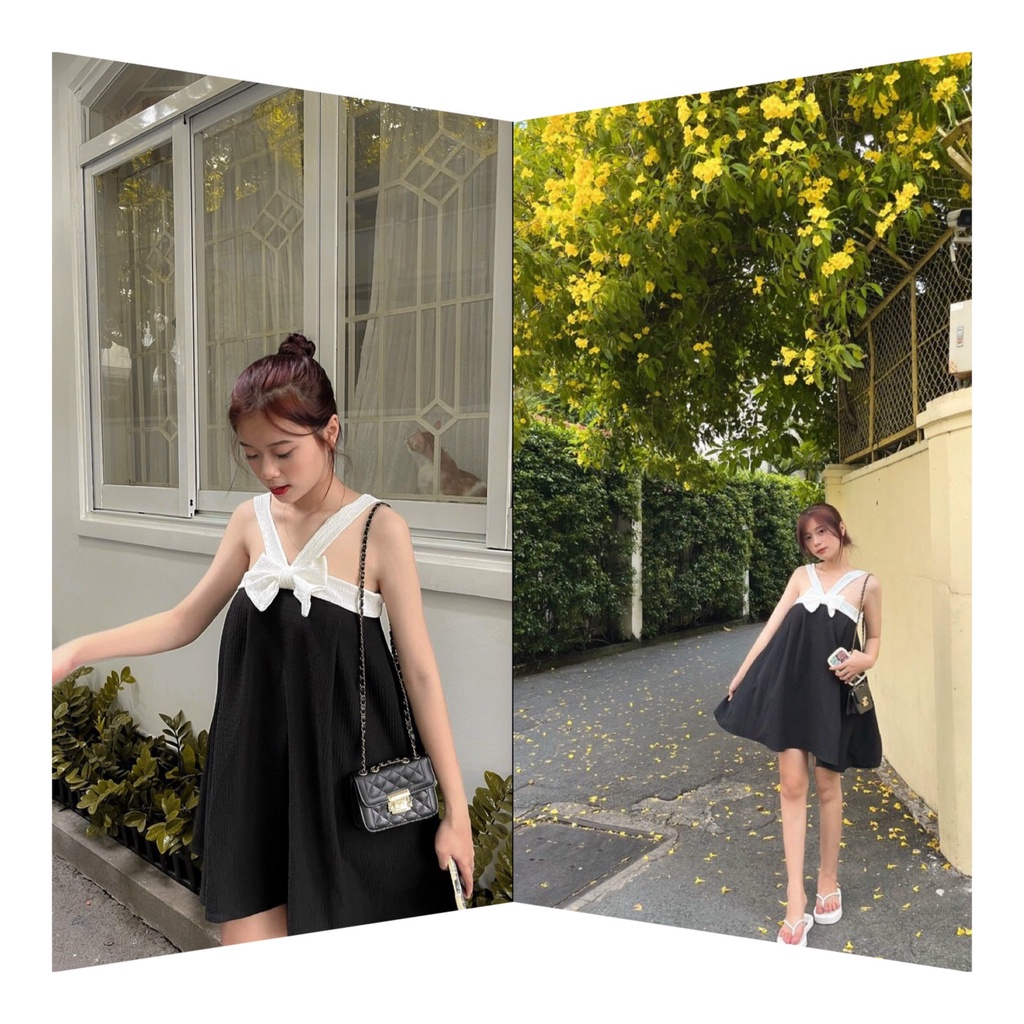 ĐẦM VÁY NỮ DÁNG BÁNH BÈO CỔ YẾM XẾP LY CÓ NƠ PHÍA TRƯỚC