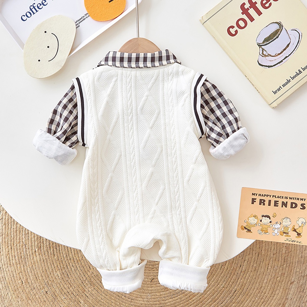 Body Len Cho Bé Bodysuit Công Tử Trắng Phối Sơ Mi Kẻ Caro Cho Bé Mặc Thu Đông - BDD28