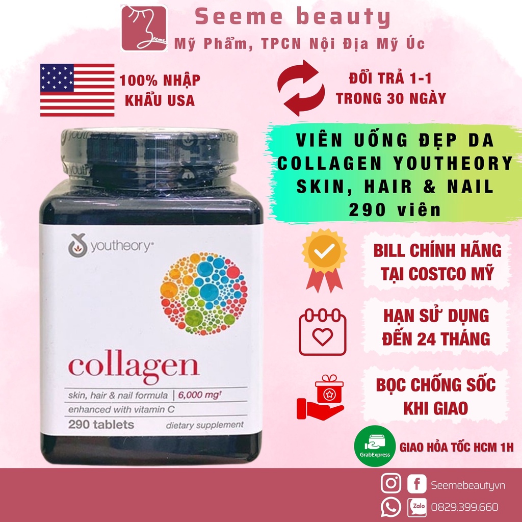 HÀNG MỸ] Viên Uống Đẹp Da Collagen Youtheory Skin, Hair & Nail hũ 290v [  Seeme beauty ] | Shopee Việt Nam