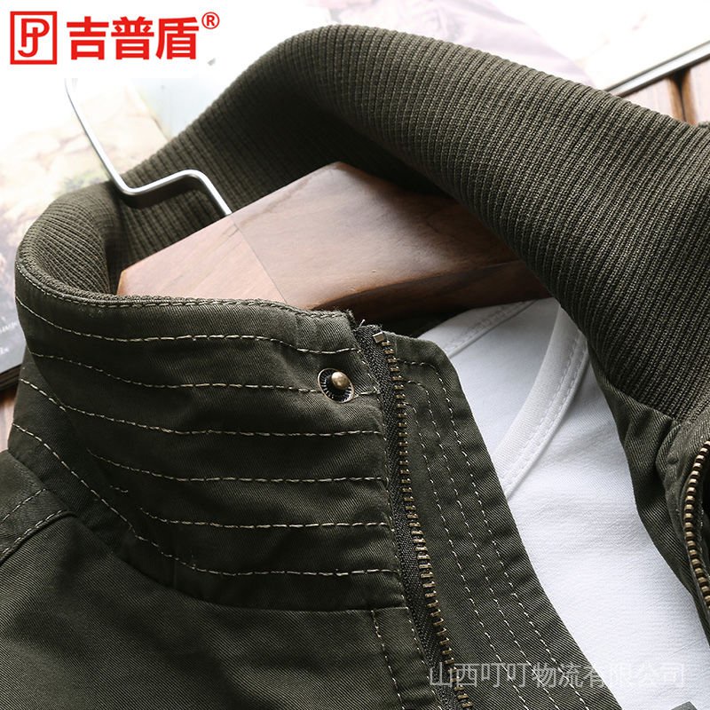 Jeep Chariot Áo Khoác Cotton Nguyên Chất Cổ Đứng Có Thể Giặt Thời Trang Xuân Thu Cho Nam Giới Trung Niên