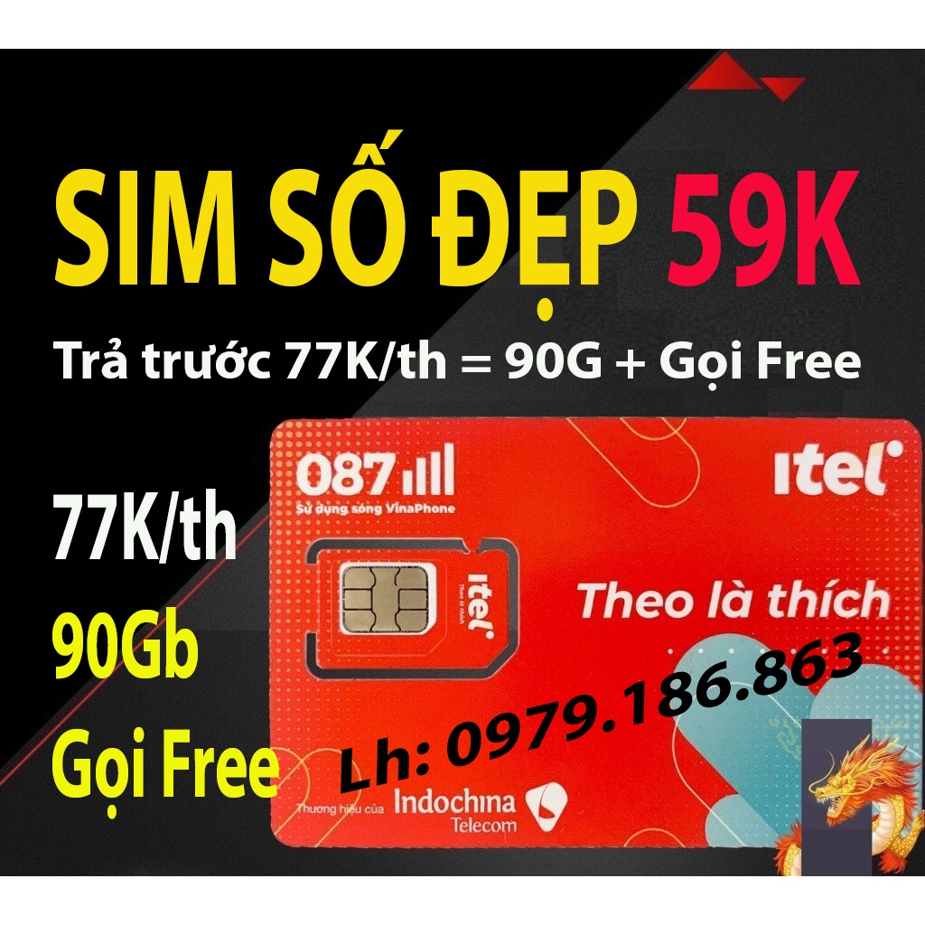 SIM MAY77 ITEL 90G/th , Sim Vina 4G 90G mỗi tháng, Gọi miễn phí Vinaphone