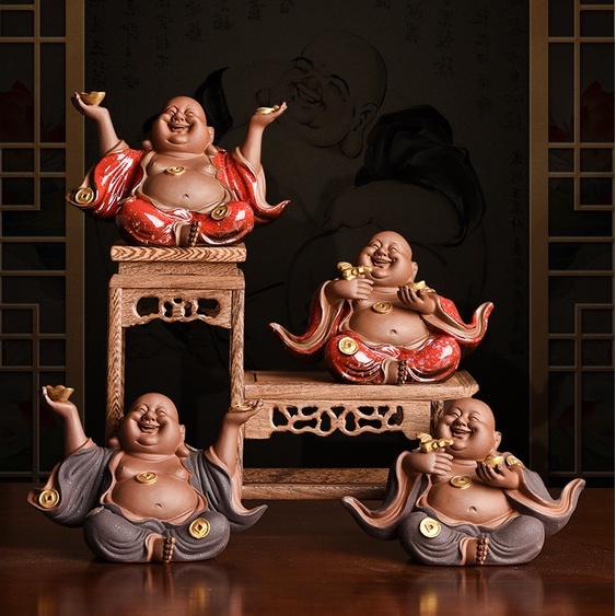 02 mẫu tượng Phật Di Lặc bằng gốm tử sa tráng men bóng