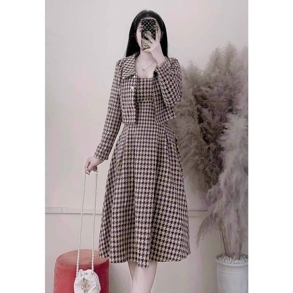 Sét đầm caro nữ 2 dây from dài dáng xòe sang chảnh kèm áo khoác ngoài, hàng thiết kế