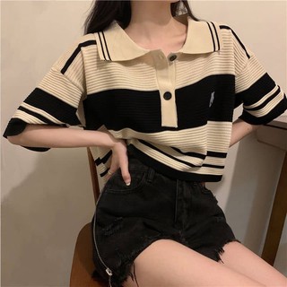 Áo thun polo nữ ngắn tay chất len dệt kim kiểu dáng croptop form rộng