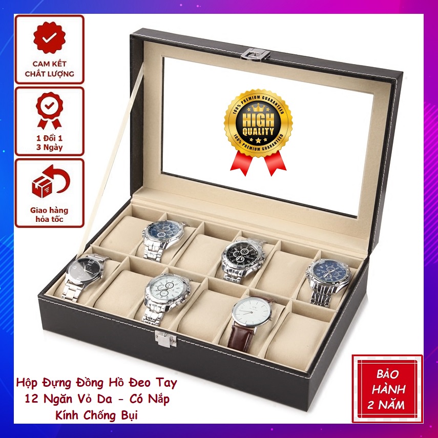 Hộp Đựng Đồng Hồ 12 Chiếc Vỏ Da Màu Đen - Có Nắp Kính Chống Bụi Bẩn - Cao Cấp - Giá Rẻ