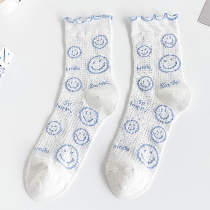 Vớ Cotton Cổ Cao Phối Lưới Mỏng Thoáng Khí In Họa Tiết Mặt Cười Dễ Thương Phong Cách Nhật Bản Thời Trang Cho Nữ