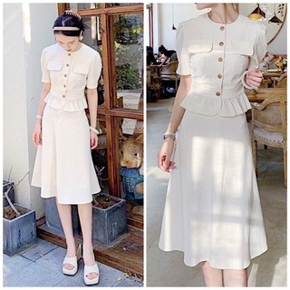 Đầm trắng cổ tròn bèo eo, váy midi, váy dự tiệc vnxk xuongvnxk (kèm hình thật)