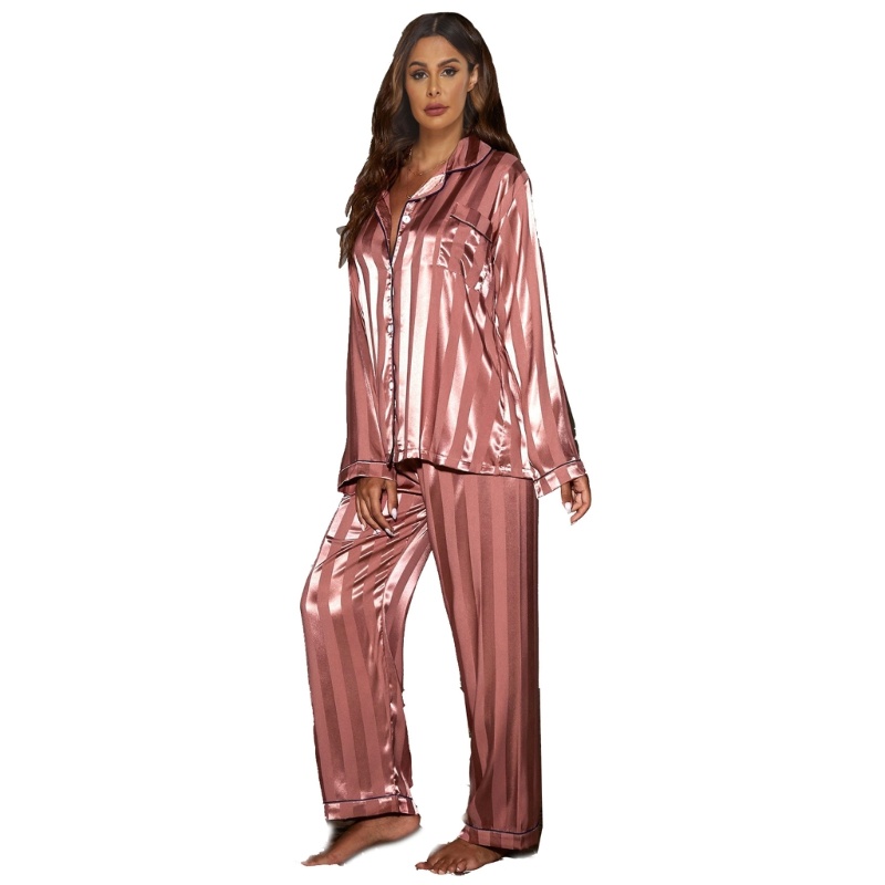 Bộ Đồ Ngủ Vải Satin Tay Dài Cài Khuy Kẻ Sọc Xinh Xắn Cho Bạn Gái