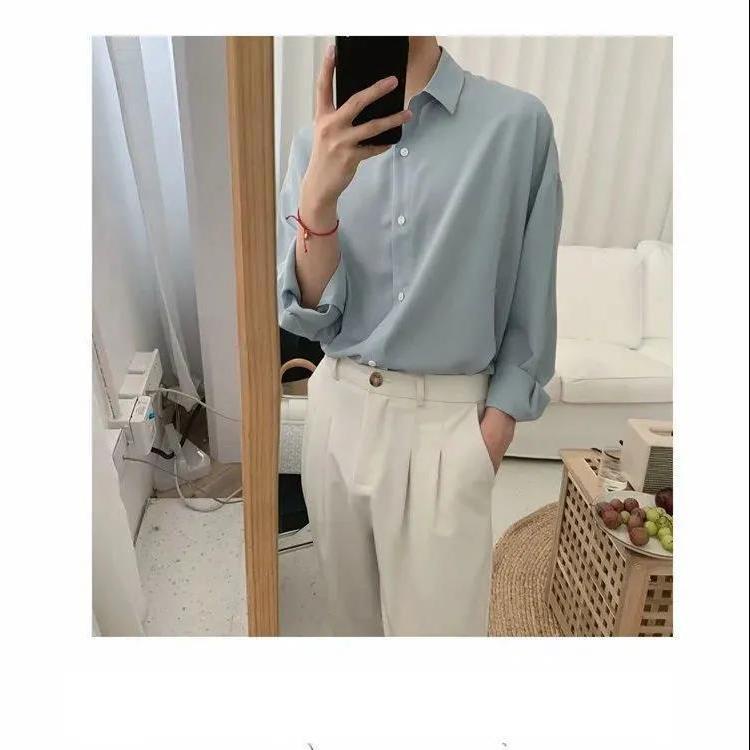 Áo Sơ Mi Lụa Lạnh Tay Dài Cài Nút Màu Xanh Dương Đậm Phong Cách Hàn Quốc Thời Trang Công Sở Cho Nam