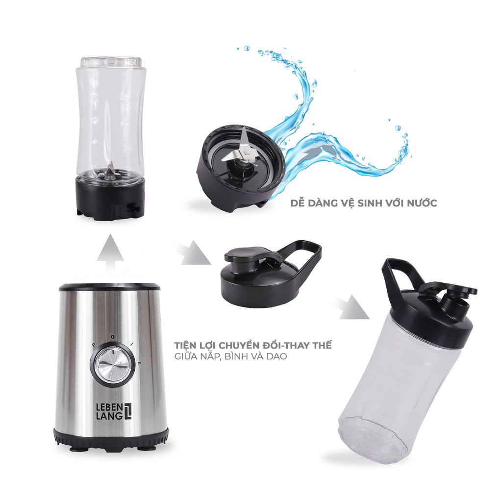 Máy xay sinh tố mini Lebenlang LBSP8648 gồm 2 cối xay,dung tích 300-600ml, công suất 350W, bảo hành 2 năm