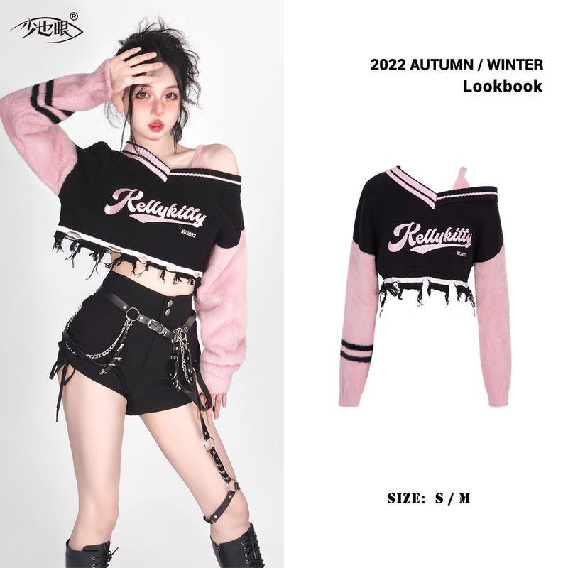 Áo Sweater Croptop Tay Dài Thêu Họa Tiết Màu Hồng Xinh Xắn Cho Nữ
