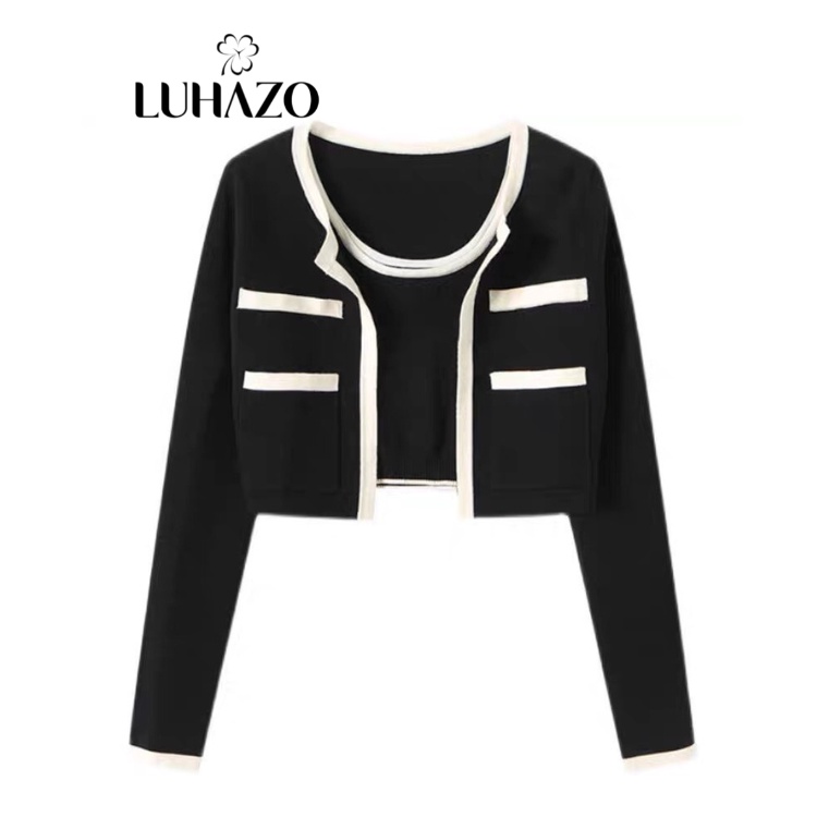 Áo Khoác Cardigan Dệt Kim Croptop LUHAZO Set Tay Dài Màu Trơn Thời Trang Hàn Quốc Cho Nữ B-9