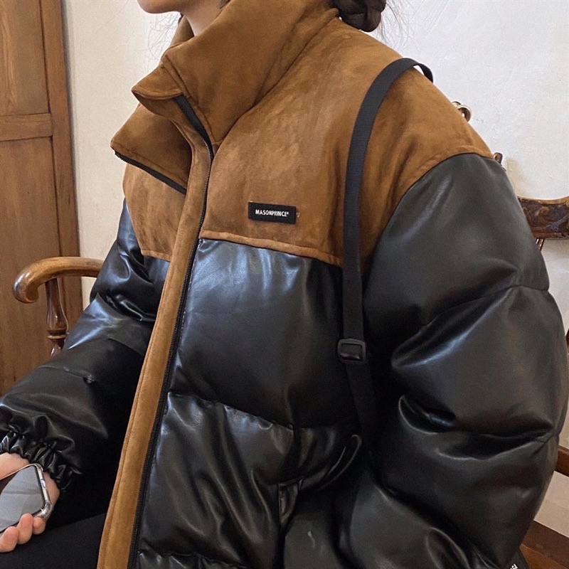 Áo khoác phao béo da phối màu nhung có túi phong cách retro đơn giản FOOTMADE
