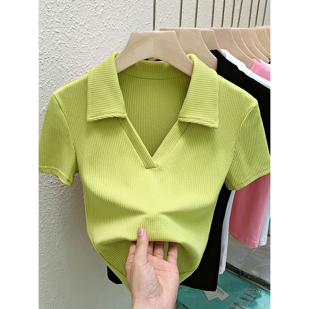 Áo Thun polo Tay Ngắn Cổ Chữ v Màu Sắc Đơn Giản Phong Cách Retro Dành Cho Nữ