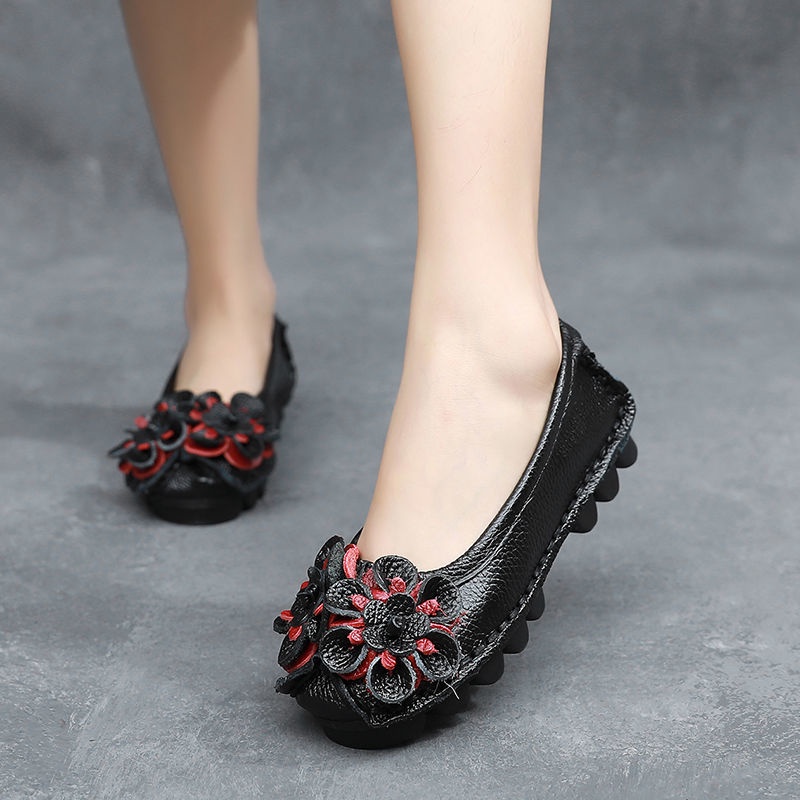 Giày Búp Bê Da Đế Bằng Mũi Tròn Phong Cách Dân Tộc Retro Cho Nữ