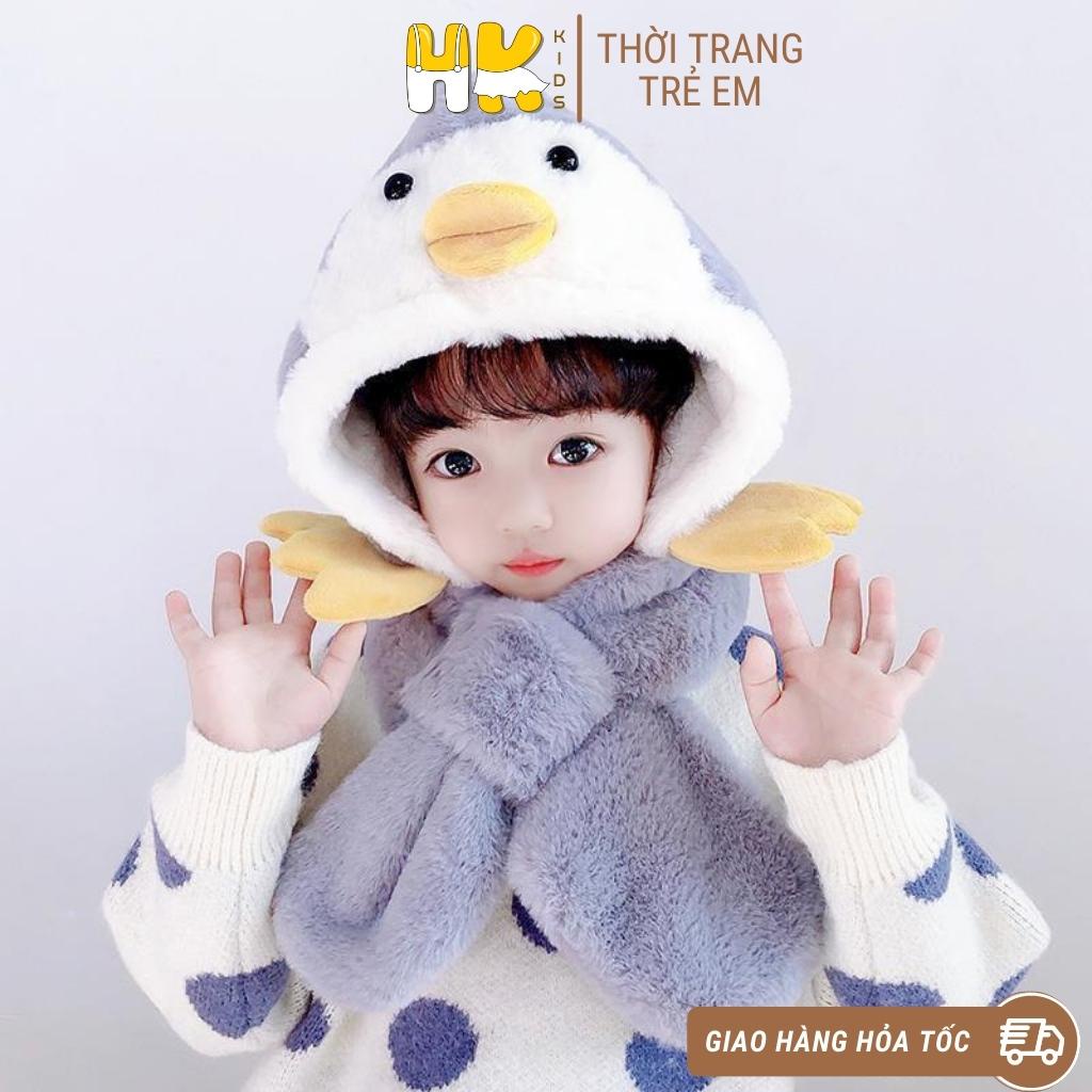 Mũ lông kèm khăn cho bé HK KIDS, mũ chùm đầu liền khăn hình thú đáng yêu chất lông mềm mại mịn màng giữ ấm