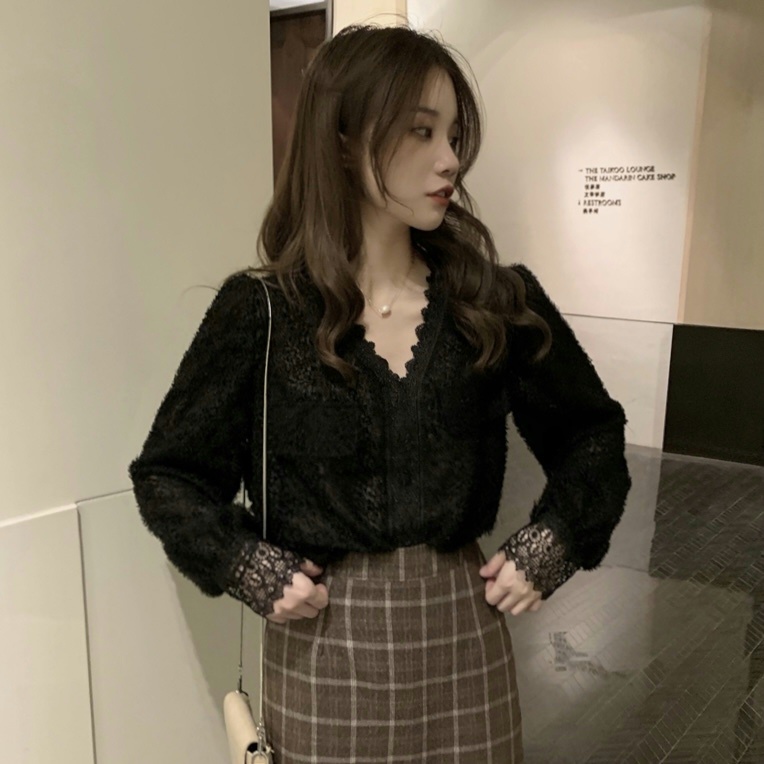 Áo ren SUXI tay dài cổ chữ V màu trơn phong cách vintage thời trang Hàn Quốc