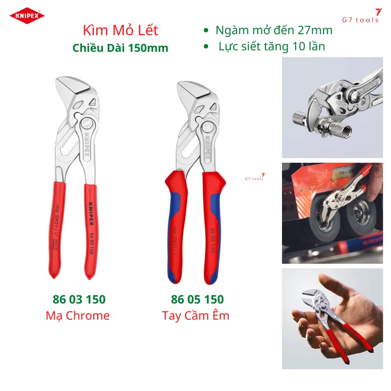 Kìm Mỏ Lết Mini Knipex 86 03 150 / 86 05 150 Mở Ốc Đến 27mm Thân Kìm Mạ Chrome Hạn Chế Gỉ Sét _G7tools Hà Nội_