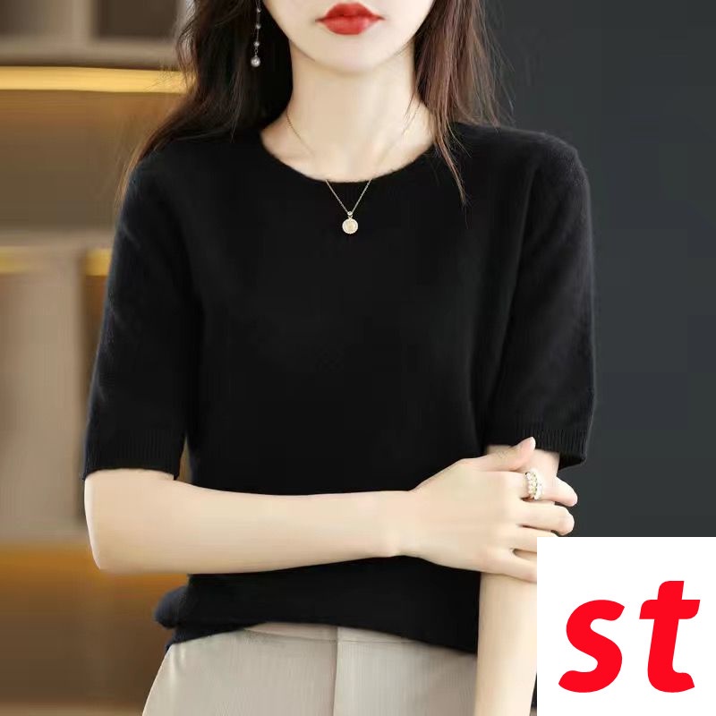 Áo Thun Dệt Kim Mỏng Tay Lửng Cổ Tròn Dáng Rộng Thời Trang Xuân Thu Cho Nữ