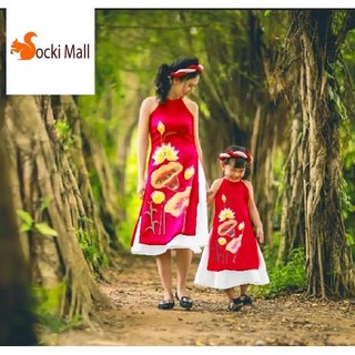 (Set 3) Áo dài cổ yếm + váy xòe + mấn cho bé gái vui xuân (Size cồ) (MS: 190317)