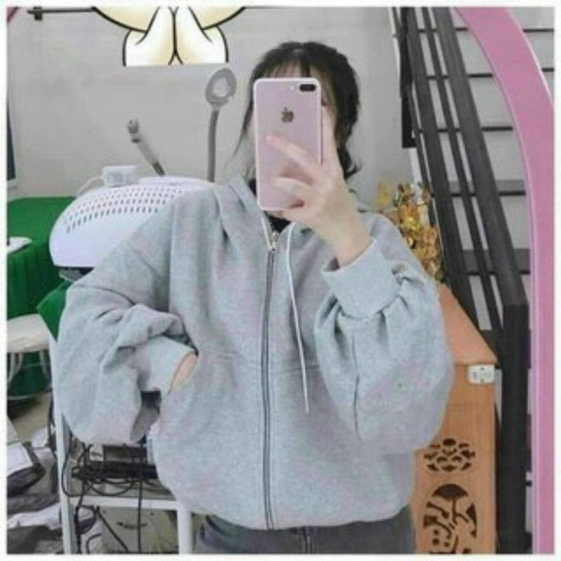 Áo khoác nỉ nữ có dây kéo form rộng nón 2 lớp thời trang cao cấp, mẫu hoodie trơn tay phồng thời trang thu đông