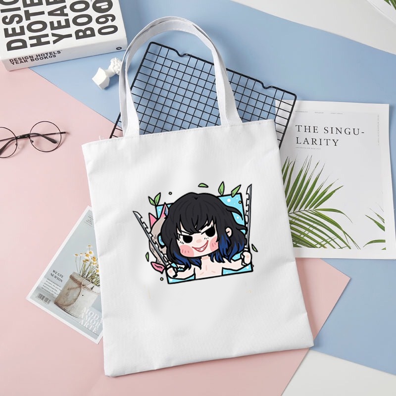 Túi tote vải đen trắng in hình KIMETSU NO YAIBA Thanh Gươm Diệt Quỷ ver CHIBI VUÔNG anime chibi tiện lợi thời trang