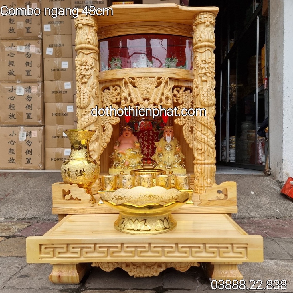 Combo Bàn thờ thần tài ông địa gỗ thông màu nguyên gỗ ngang 48cm rất đẹp