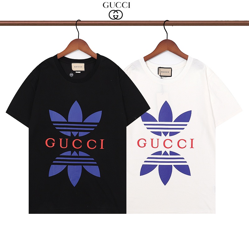 Áo Thun Tay Ngắn Cổ Tròn 100% Cotton Thoáng Khí In Logo Gucci X Adidas Thời Trang Mùa Hè