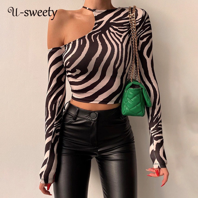 Áo Thun Croptop Tay Dài Lệch Tà Màu Sắc Tương Phản Thời Trang Cho Nữ