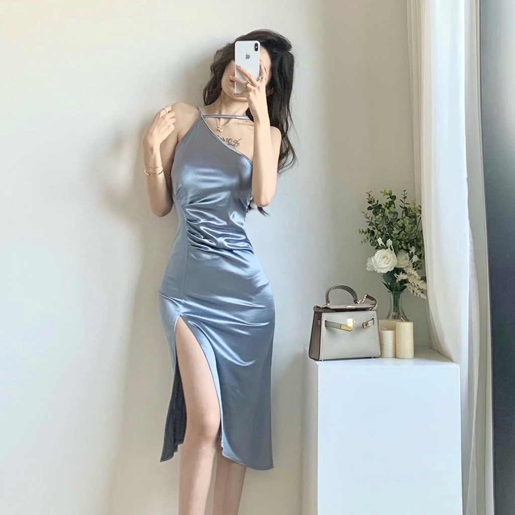Đầm Lụa Best Seller Đầm Nữ Hai Dây Lụa Dáng Dài Tà Xéo Xếp Ly XO-V006 Phong Cách Dự Tiệc