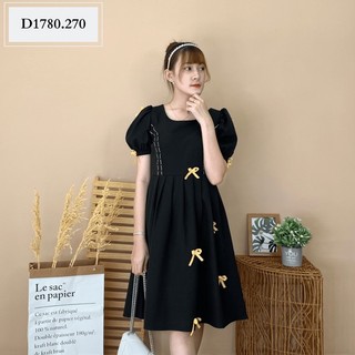 Đầm Nữ NHẬT VY Đính Nơ Viền Chỉ Chất Cotton Đi Tiệc Dáng Xòe Màu Đỏ, Đen, Trắng - D1780