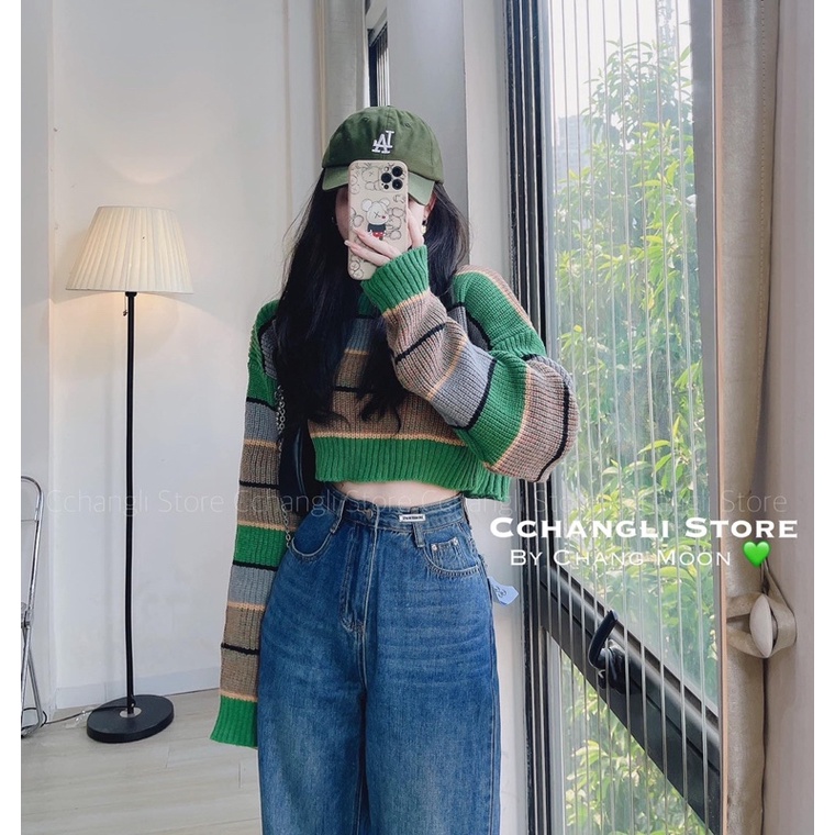 [NEW]ÁO LEN CROPTOP KẺ SỌC XANH