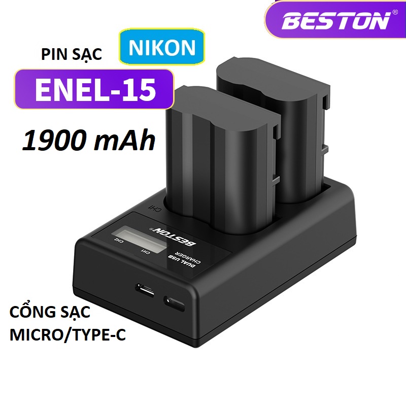 Pin Sạc Máy ảnh Nikon ENEL-15 1900mAh, Sạc BESTON Cho Máy Ảnh Nikon D500 D600 D610 D750 D800 D800E D810 D850 D7000 D7200
