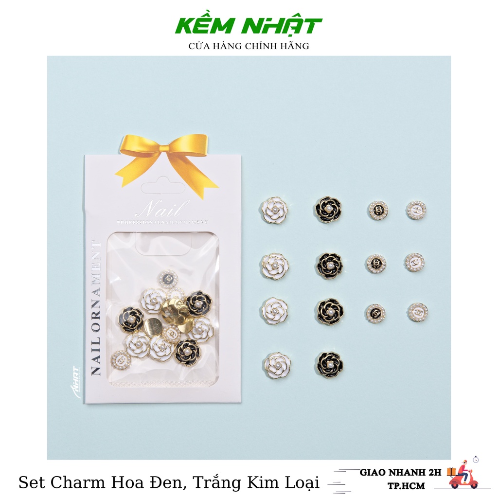 Set Charm Hoa Đen, Trắng Kim Loại Đính Móng