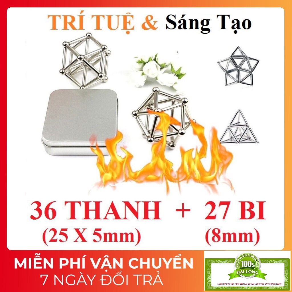 Bộ Xếp Hình Nam Châm Buckybars 27 viên bi 36 thanh nam châm FULLBOX