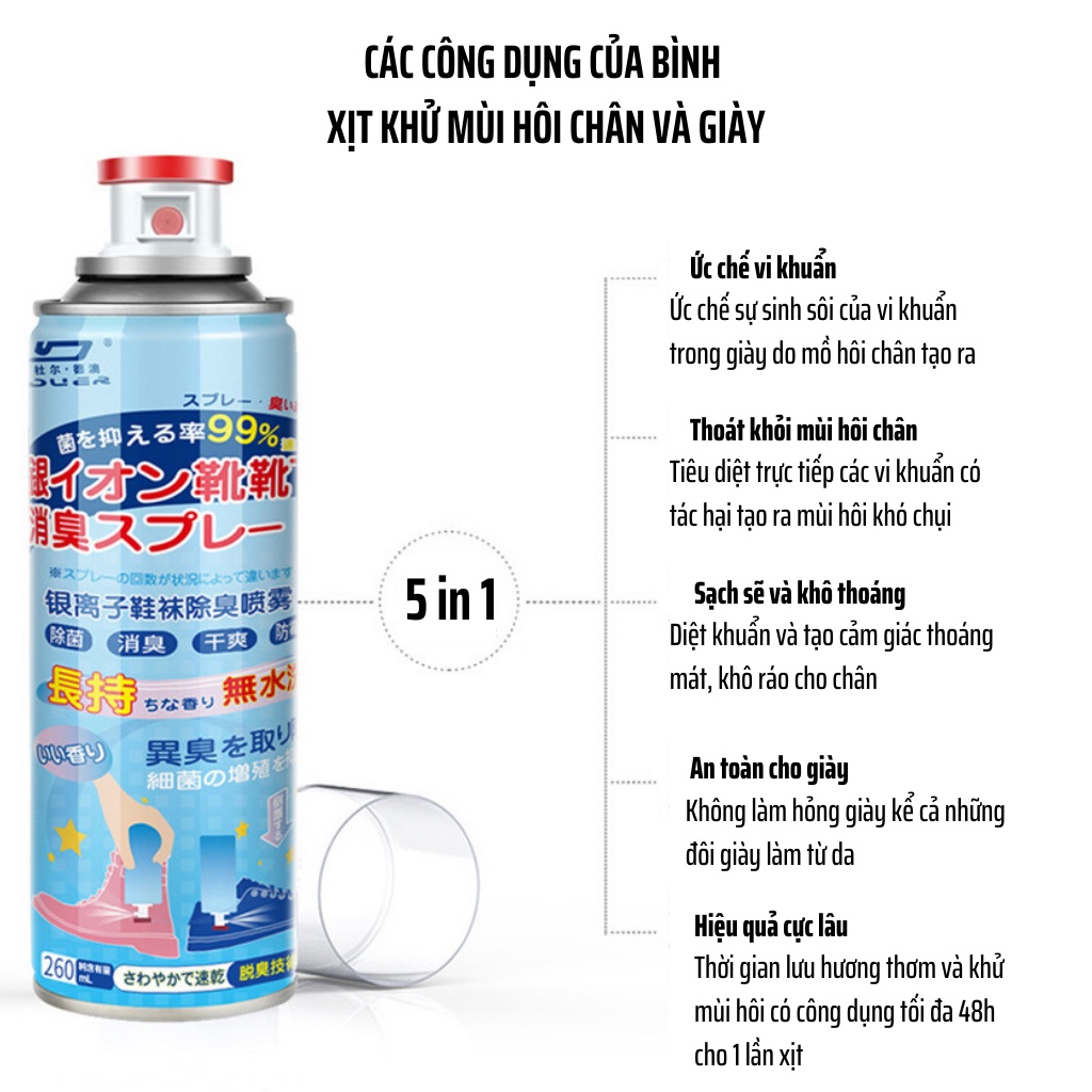 Chai Xịt Khử Mùi Nhật Bản Khử Mùi Hôi Giày Chân Và Tất 360ml, Công Nghệ Nano Bạc Khử Mùi Diệt Vi Khuẩn Hiệu Quả 99%