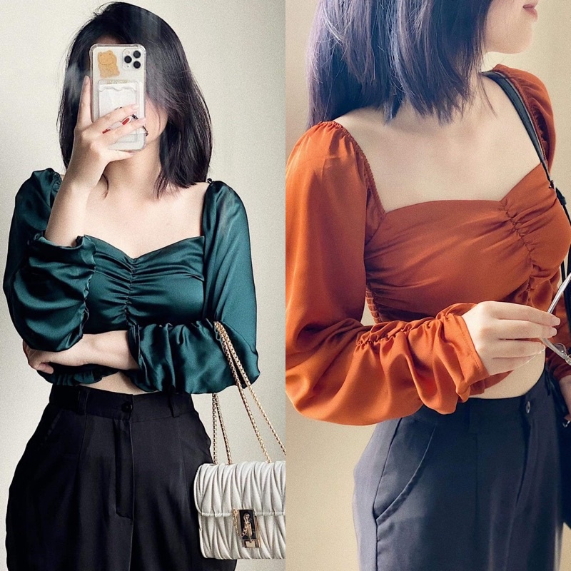 Áo croptop tay dài cổ vuông nhún ngực chất lụa