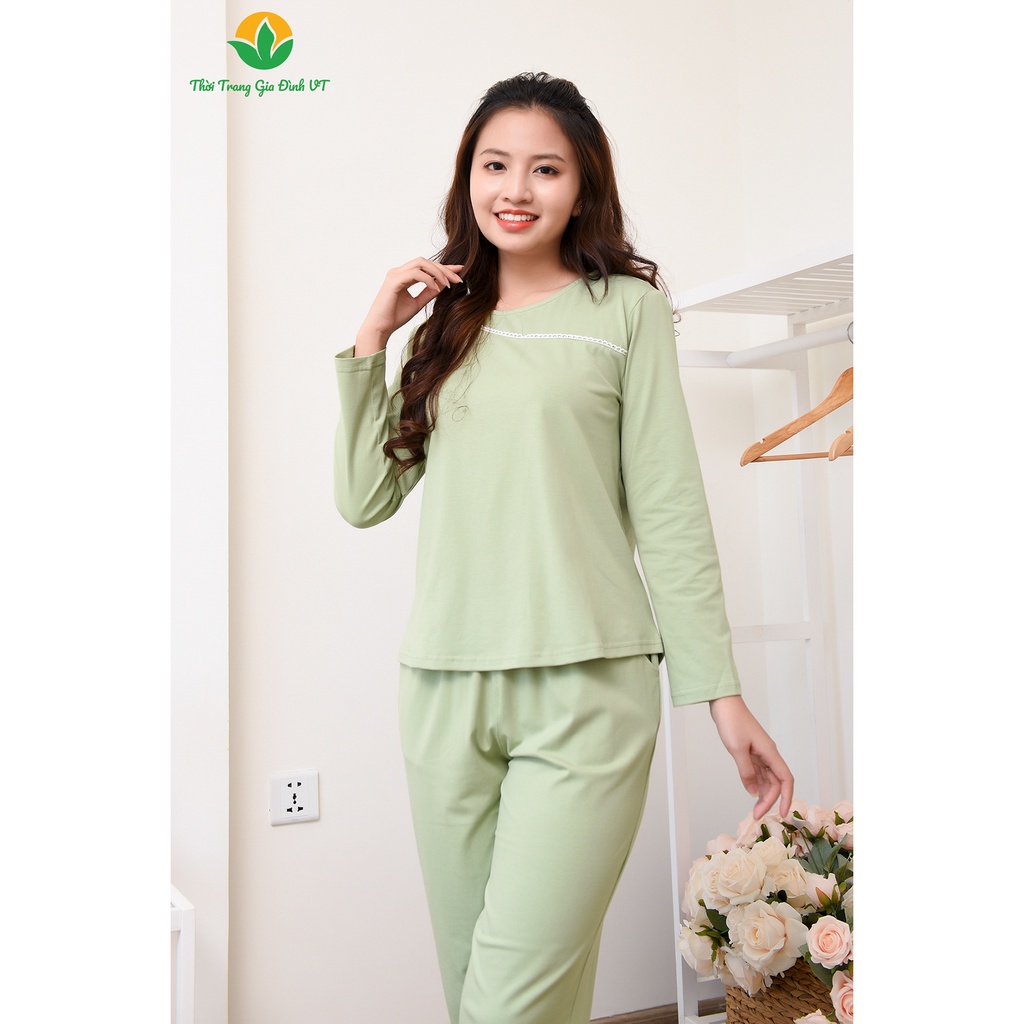 Bộ mặc nhà nữ thu đông Việt Thắng quần dài, áo dài tay trơn, chất liệu cotton - B50.2204