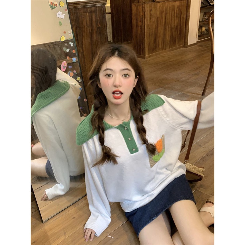 Jiashucheng Áo Sweater Tay Dài Màu Sắc Tương Phản Phong Cách Nhật Bản Thời Trang Thu Đông Cho Nữ Sinh