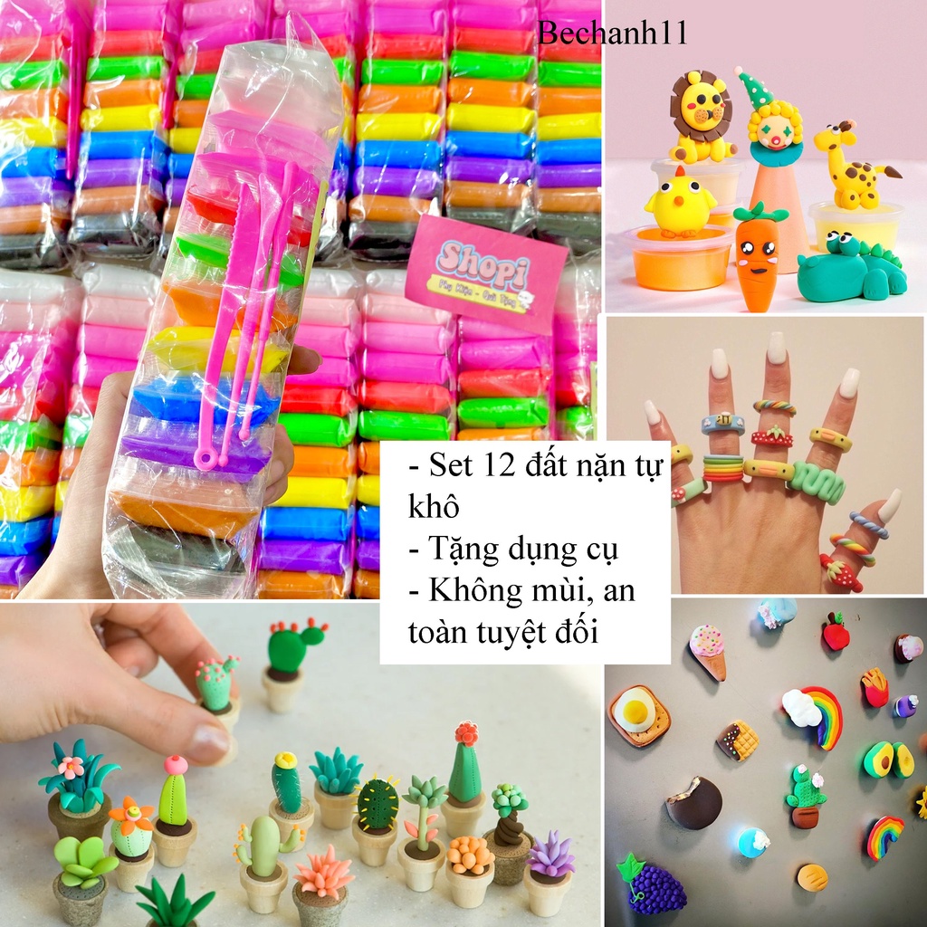 Combo 12 đất sét không dính tự khô cao cấp siêu nhẹ an toàn, slime đất sét trang trí, đồ chơi trí tuệ