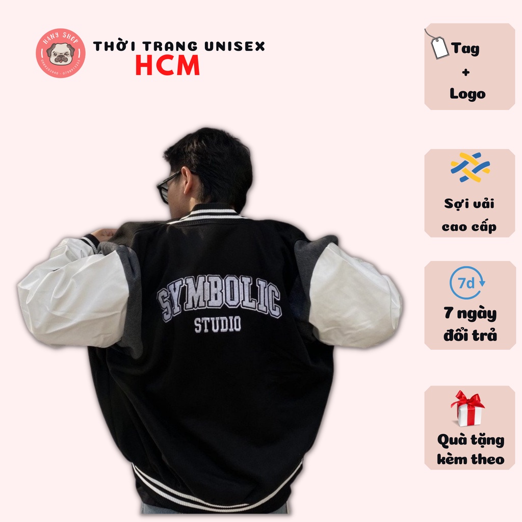 Áo khoác bomber Symbolic Varsity jacket chất dạ 2 lớp áo bomber phối tay da Pu cao cấp Thời trang Unisex HCM BB35