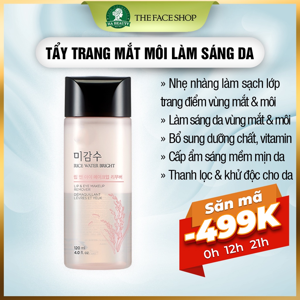 Tẩy trang mắt môi The Face Shop Rice Water Bright Lip & Eye Makeup Remover 120ml dưỡng ẩm sạch sâu