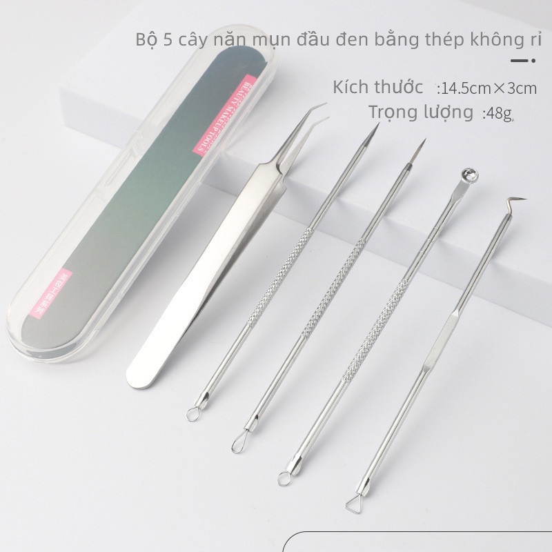 Bộ 5 cây nặn mụn đầu đen bằng thép không rỉ, có nhíp gắp mụn tiện lợi
