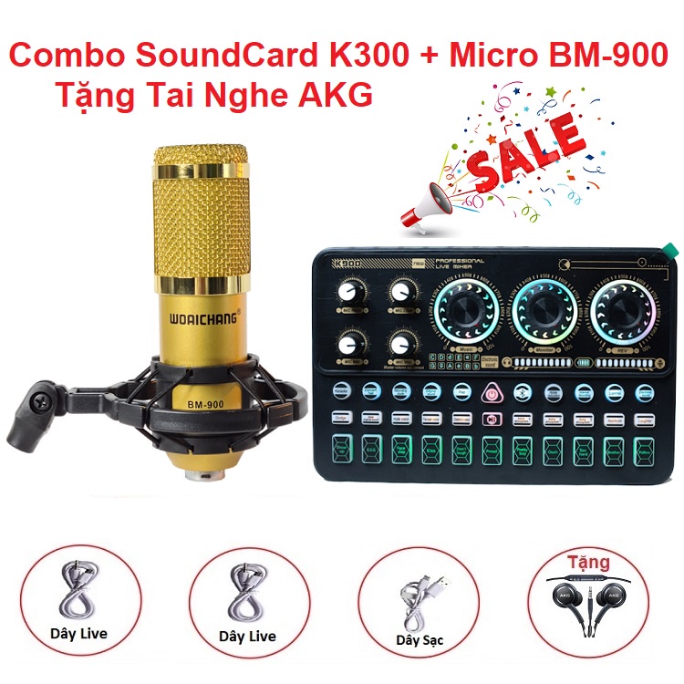 Combo SoundCard K900 Bluetooth, Tặng Tai Nghe AKG, Micro WoaiChang BM900 - Thu Âm - AutoTune - Hát Livestream - Karaoke