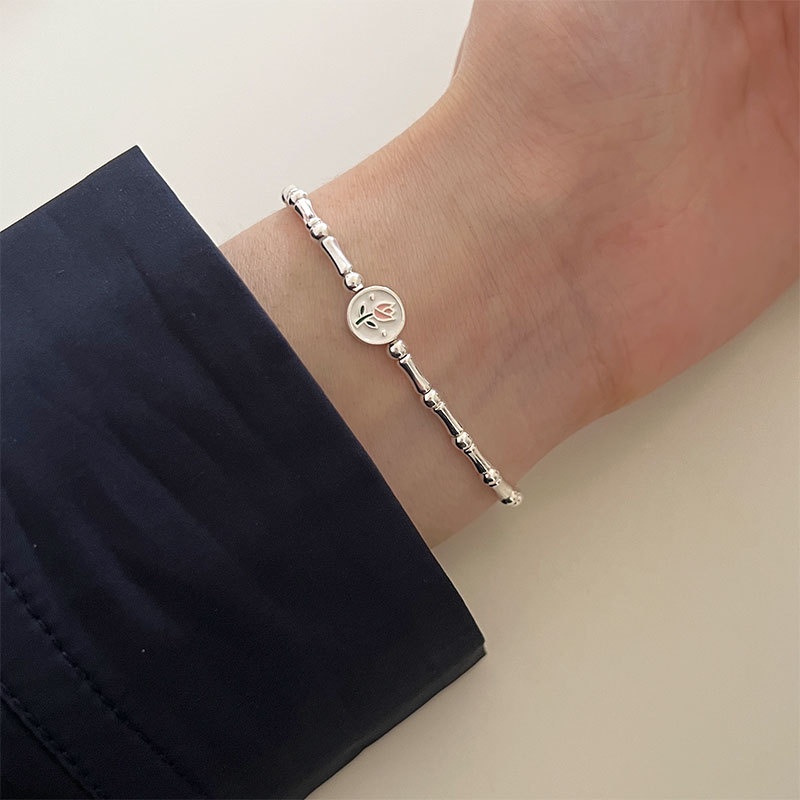 Vòng tay nữ lắc tay nữ bạc s925 đốt trụ và bi mặt tròn in hình hoa hồng Cá jewelry LTB180