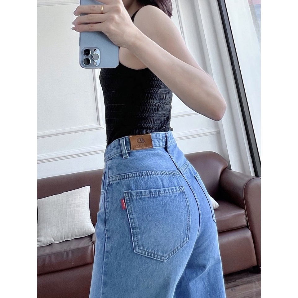 Quần Jeans ống rộng lưng cao Ulzzang hàng cao cấp, Quần Simple Jeans ống rộng cạp cao rách gối