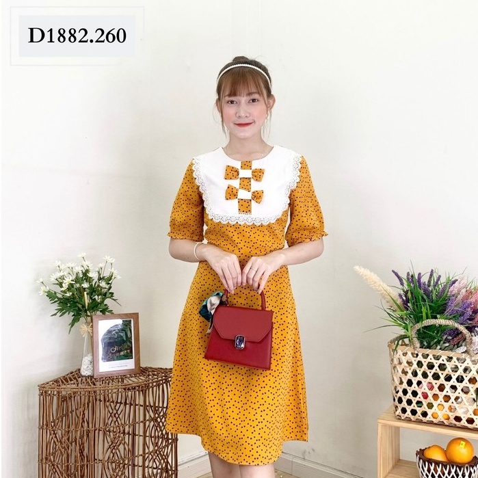 Đầm Nữ NHẬT VY Dự Tiệc Bi Tim Chít Eo Nơ Ngực Chất Mango Màu Vàng, Đỏ - D1882